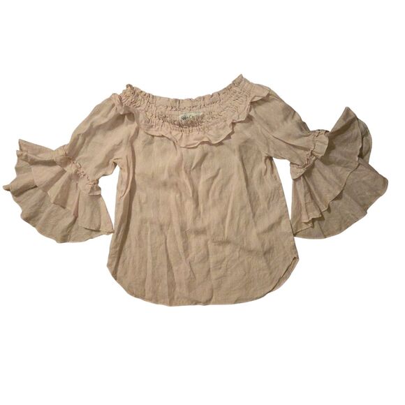 Sara Campbell M Petal Pink Top 100% Linen Bell Sleeve Ruffles Coastal Beachy - Picture 1 of 7